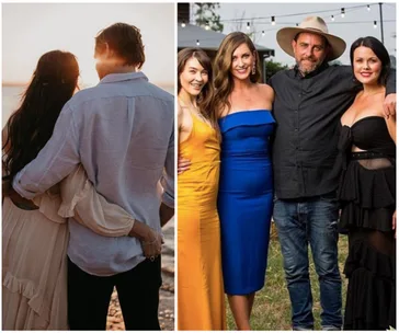 Couple embraces during sunset; group of four pose together outdoors with string lights.