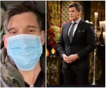 Two images: left, a man in a mask; right, the same man in a suit on a set with flowers and candles.