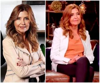 Dr. Trisha Stratford in a beige jacket and an orange top with white blazer from Married at First Sight Australia.