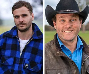 Two farmers from "Farmer Wants a Wife 2021"; one in a blue plaid jacket, the other in a cowboy hat and brown jacket.