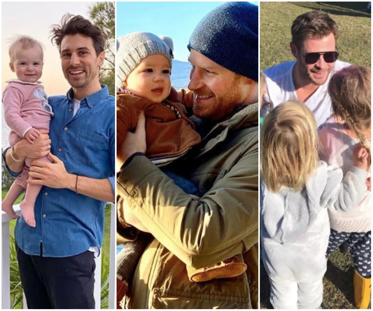 "Three fathers smiling and holding their young children outdoors in separate photo panels."