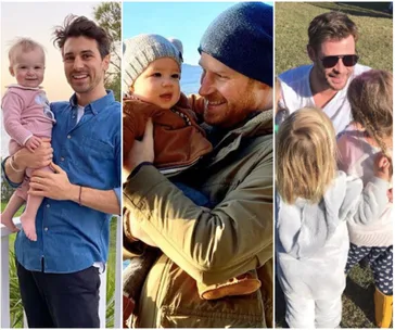 "Three fathers smiling and holding their young children outdoors in separate photo panels."