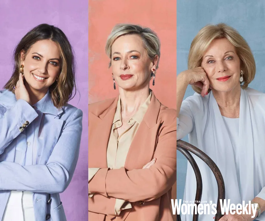 Three women smiling, each in a different colored blazer, against pastel backgrounds.