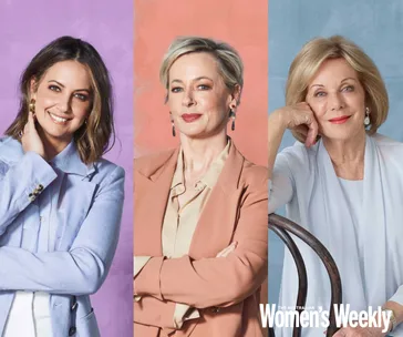 Three women smiling, each in a different colored blazer, against pastel backgrounds.