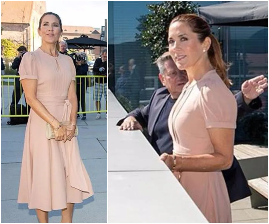 Princess Mary in a light pink dress, standing outdoors, holding a clutch amidst a crowd.