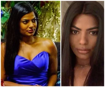 A woman from The Bachelor Australia 2020 in a blue dress and close-up selfie is shown.