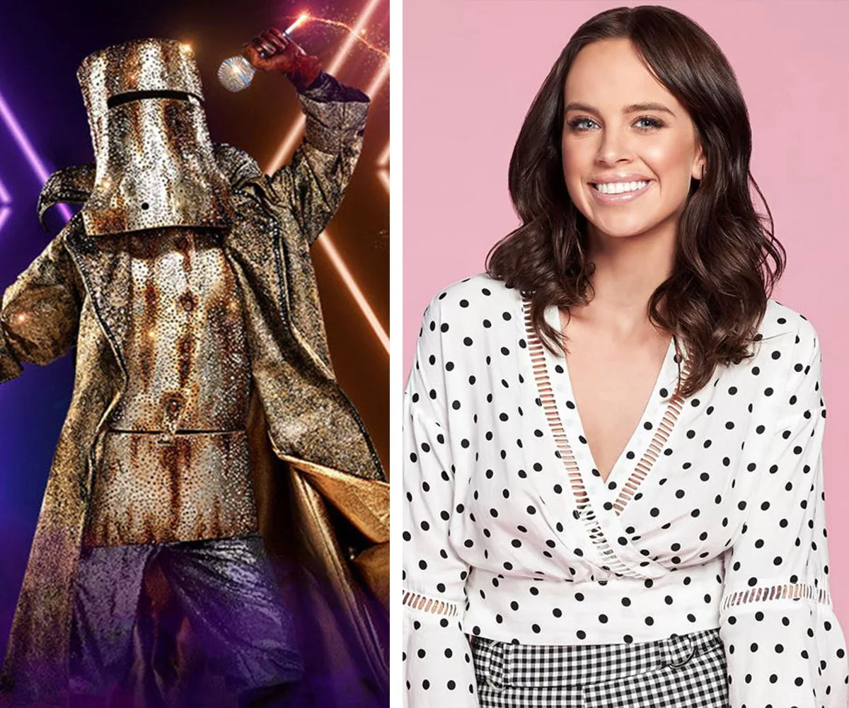 Man in metallic bushranger suit with microphone; woman in polka dot blouse smiling against pink background.
