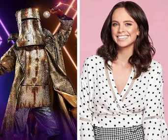Man in metallic bushranger suit with microphone; woman in polka dot blouse smiling against pink background.
