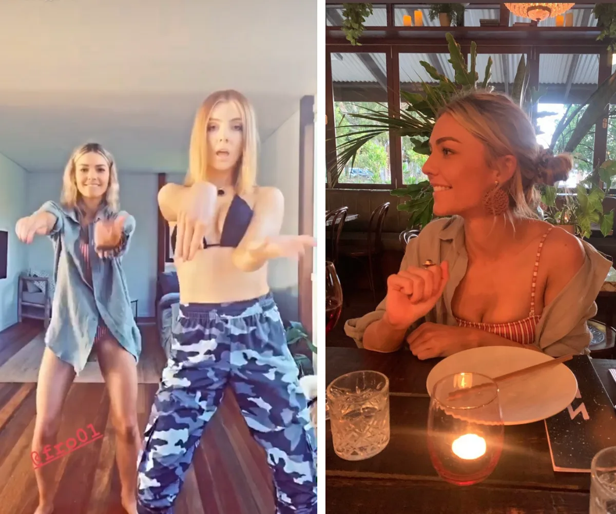 Two women dancing indoors; one in camo pants, the other with denim shirt. A woman dining, smiling at a table with candles.