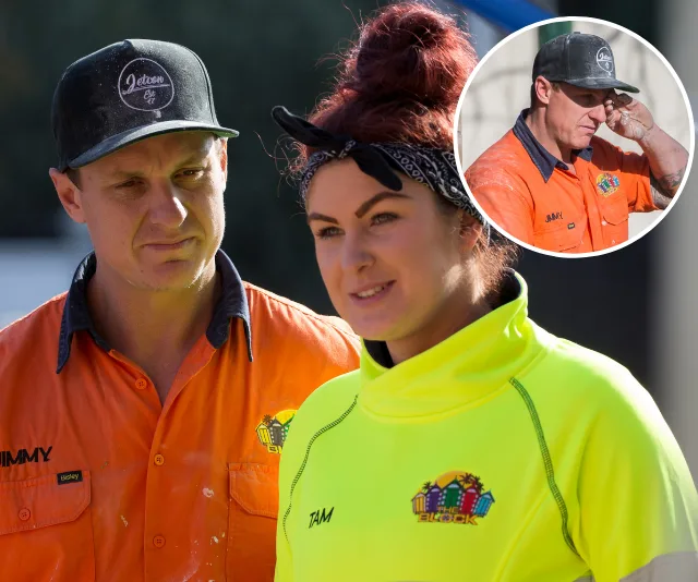 Jimmy and Tam from "The Block" wearing work shirts, with a concerned expression. Circular inset shows Jimmy thinking.