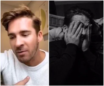 Person in a white sweater looks down pensively; another person covers their face with hands in distress.