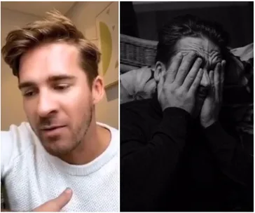 Person in a white sweater looks down pensively; another person covers their face with hands in distress.