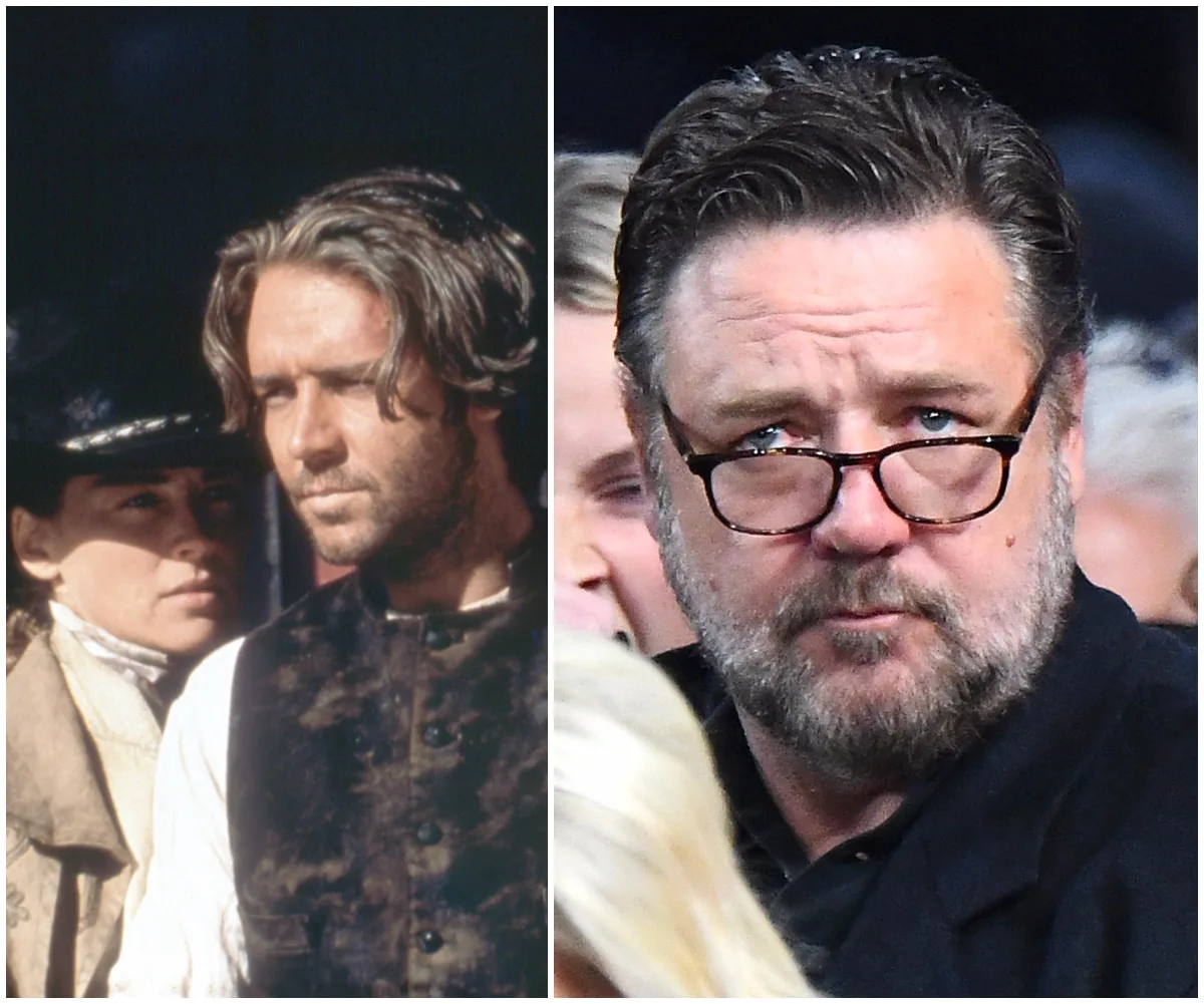 Split image: left shows two people in western attire, right shows a man with glasses.