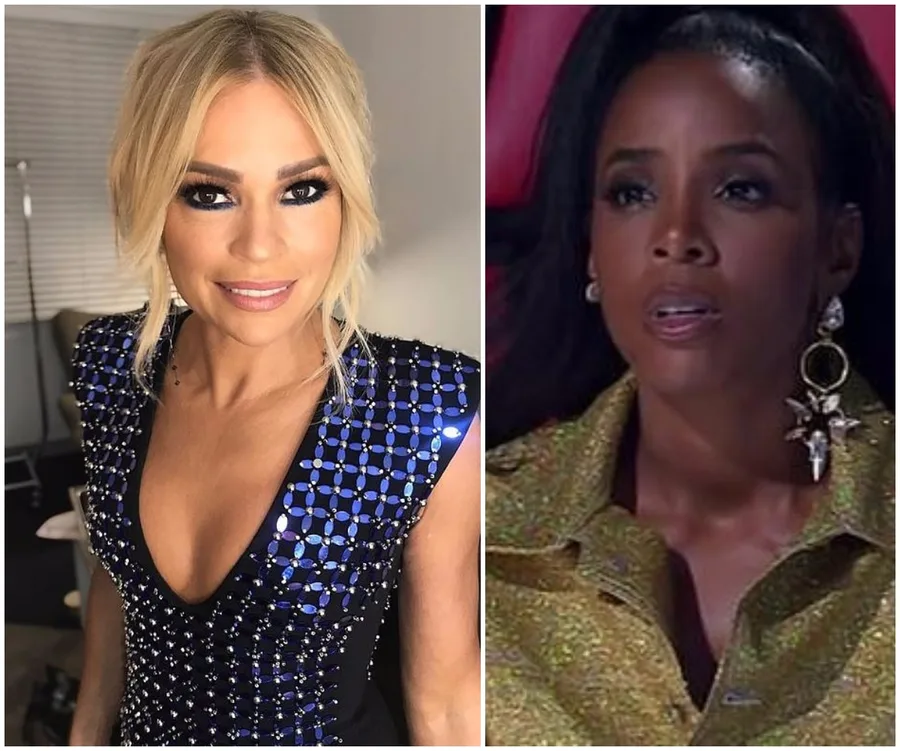 Two women are pictured; one is smiling in a sparkly blue dress, the other appears focused in a gold top with star earrings.