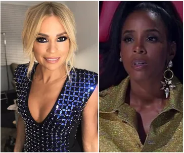 Two women are pictured; one is smiling in a sparkly blue dress, the other appears focused in a gold top with star earrings.