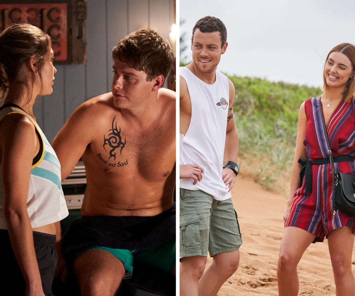 Two scenes from "Home and Away": left shows shirtless man with tattoo talking; right shows man and woman smiling on beach.