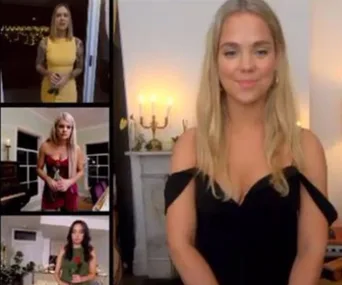 Women from "The Bachelor Australia" 2020; one in black dress in front, three in inset boxes with roses.