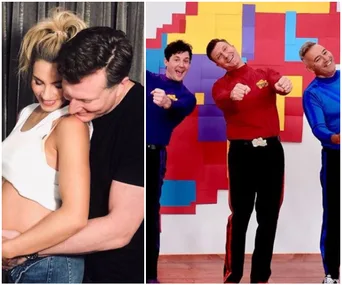 Couple embracing with pregnancy belly; three people in colorful outfits performing playful dance moves.