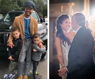"Father with two sons by SUV; woman in wedding dress dancing with man under warm light."