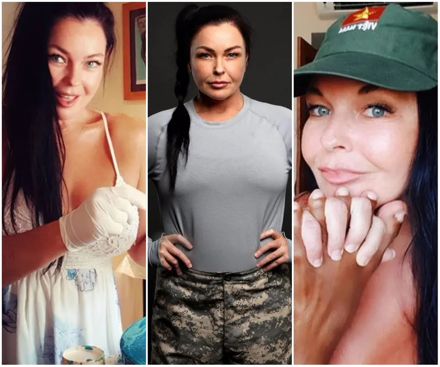 Alt text: "Three images of a woman with dark hair, wearing different outfits including a dress, military attire, and a cap."