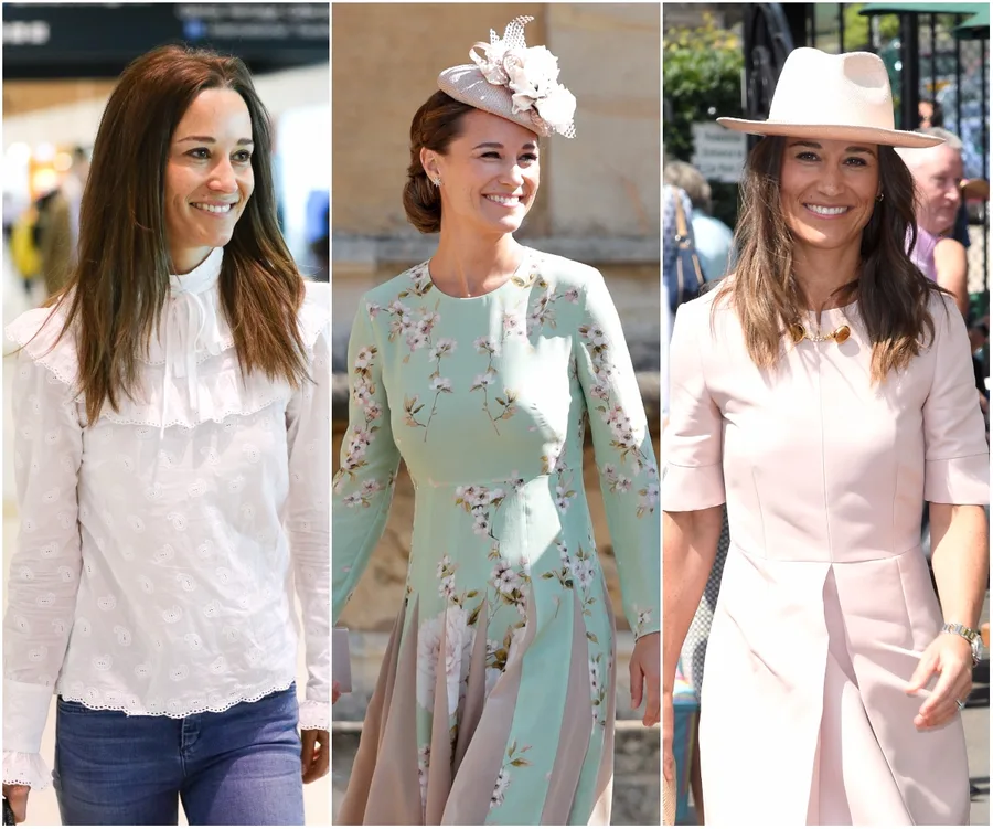 Pippa Middleton in three outfits: a white blouse, a floral dress with a fascinator, and a pink dress with a hat.