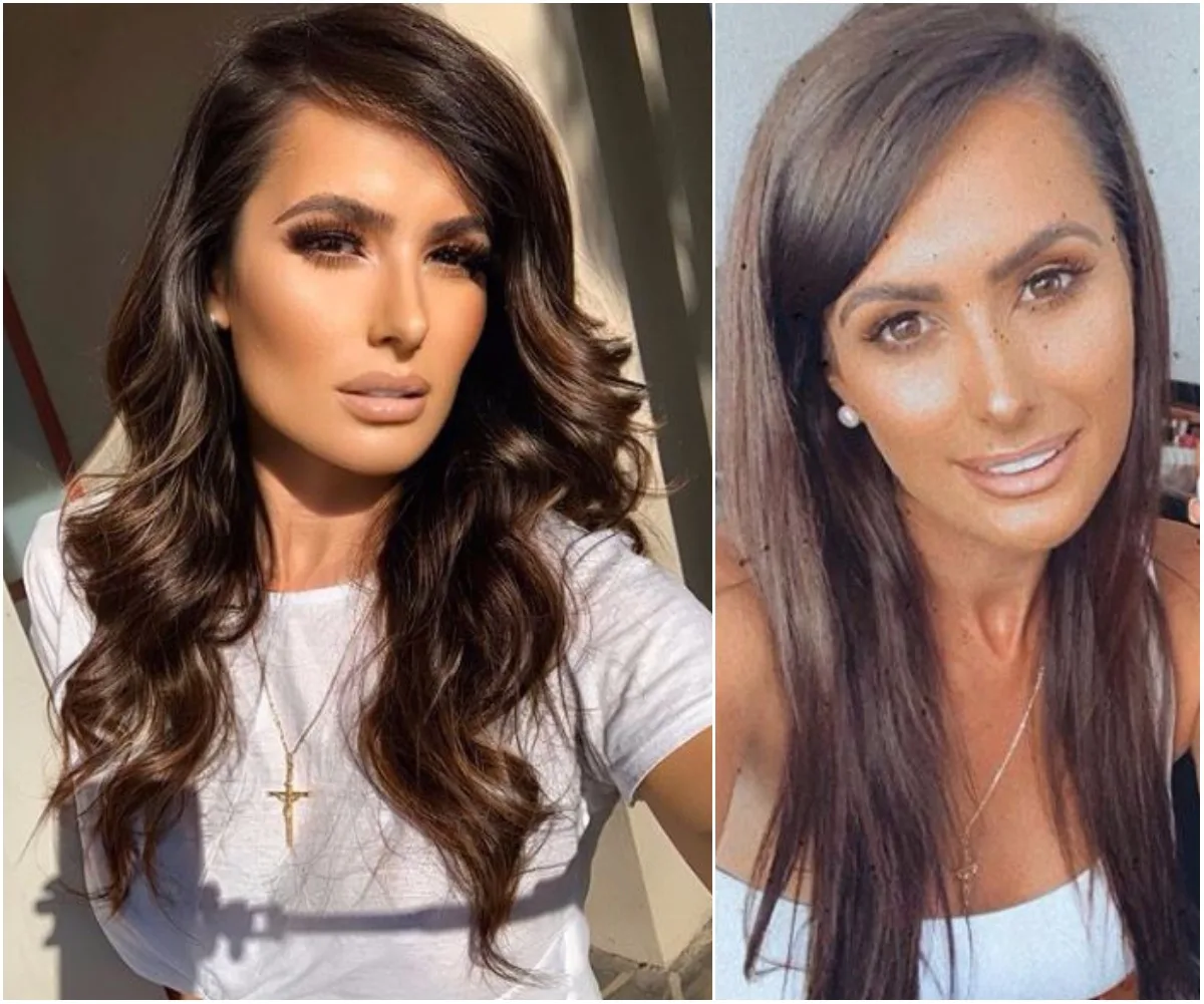 Two close-up photos of a woman with long brown hair, wearing a white top, one in sunlight, the other indoors.