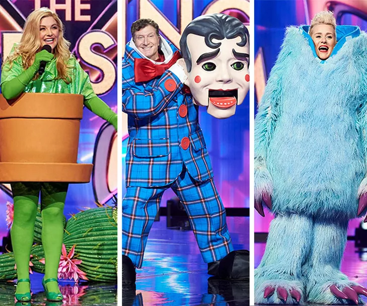 Three 'Masked Singer Australia 2020' contestants in plant, puppet, and blue monster costumes on stage.