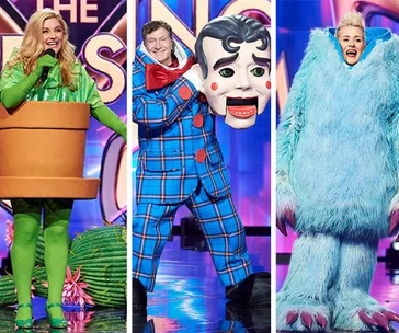 Three 'Masked Singer Australia 2020' contestants in plant, puppet, and blue monster costumes on stage.