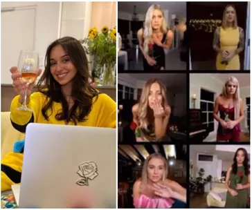 "Person in yellow with wine and laptop, video call with six women holding roses in formal attire."