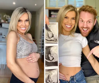 Pregnant woman smiling, holding her baby bump; next to her, she and a man hold ultrasound images excitedly.