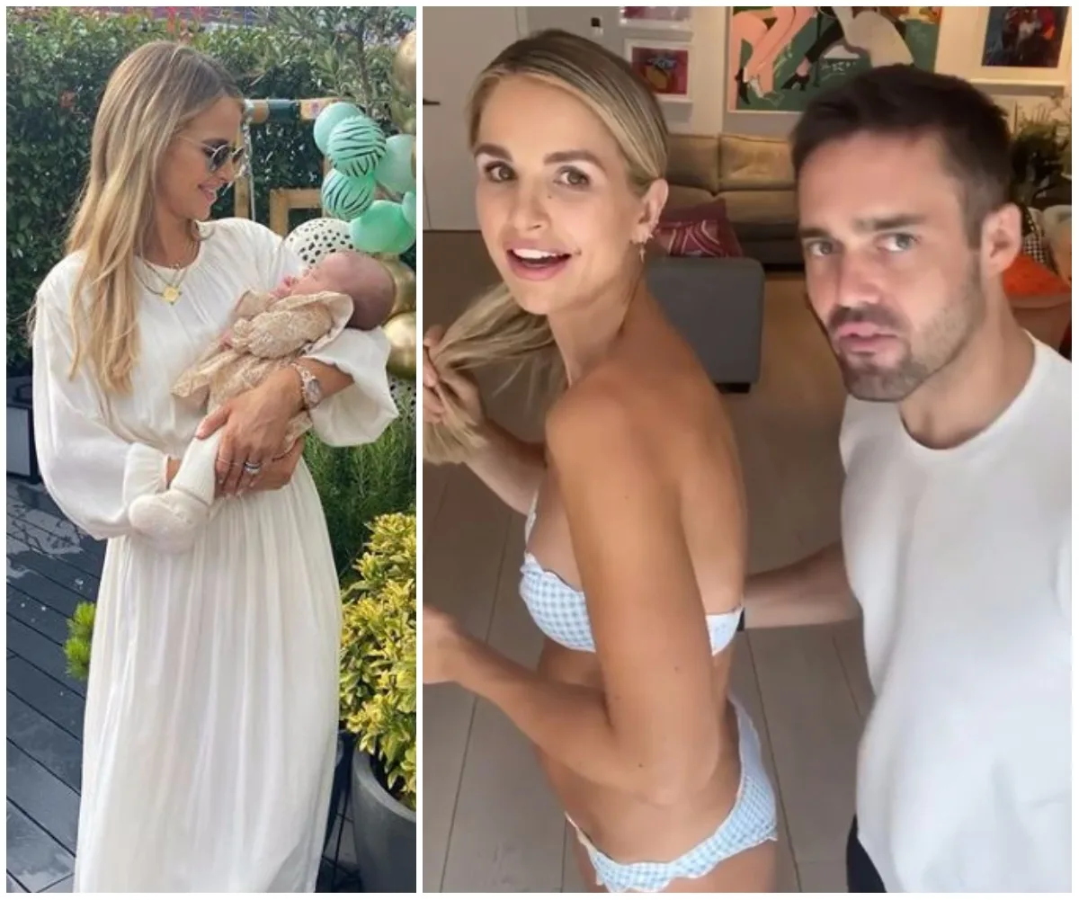 Woman in white dress holding a baby; another photo of a woman in a bikini with a man indoors.