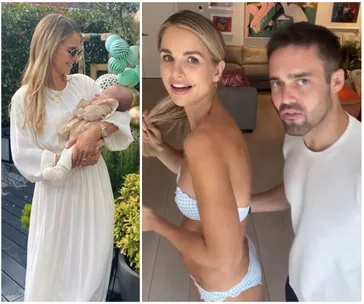 Woman in white dress holding a baby; another photo of a woman in a bikini with a man indoors.