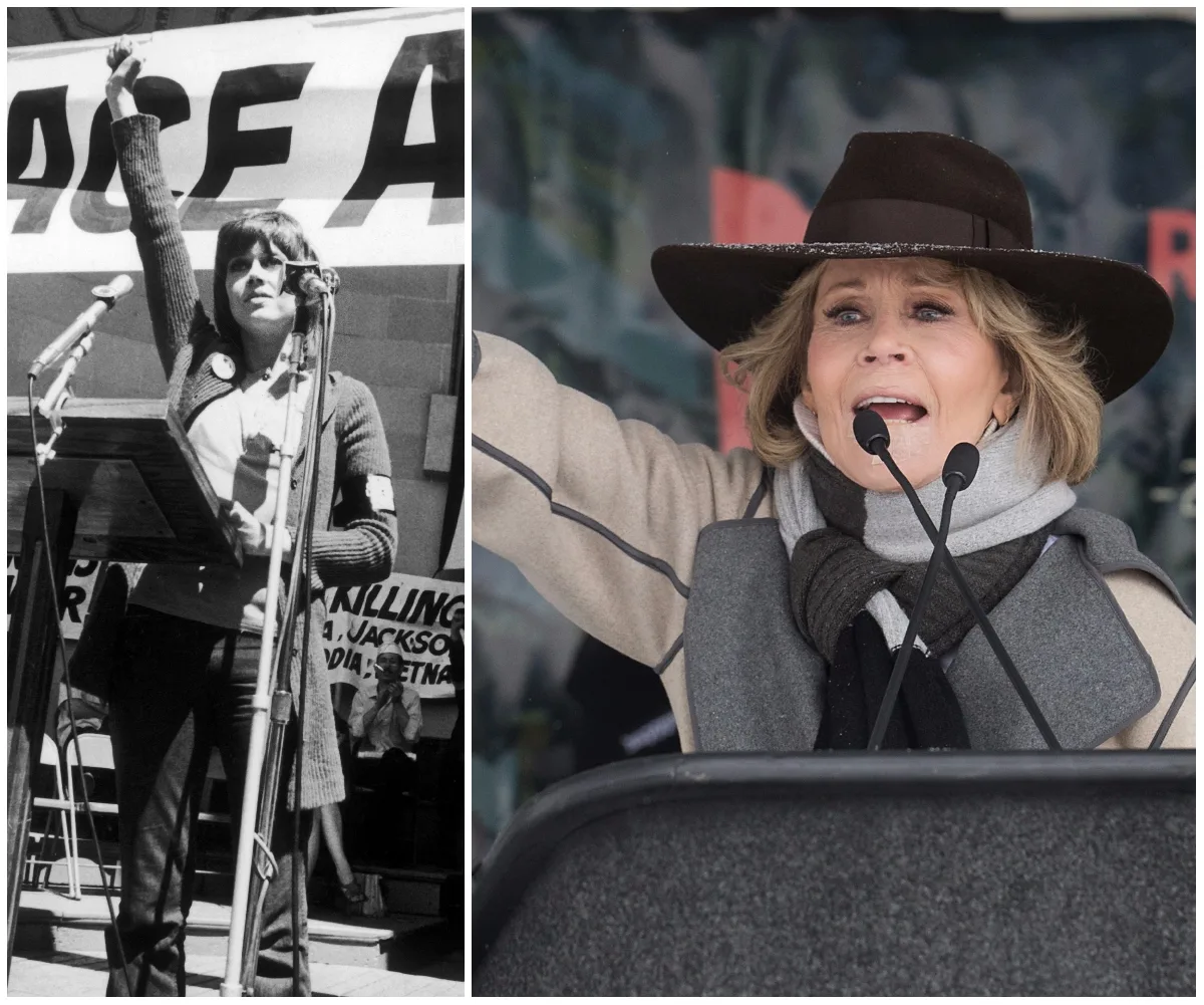"Two photos of a woman speaking at protests, one in black and white, one modern; addressing a crowd passionately."