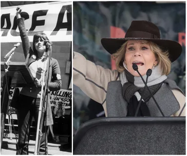 "Two photos of a woman speaking at protests, one in black and white, one modern; addressing a crowd passionately."