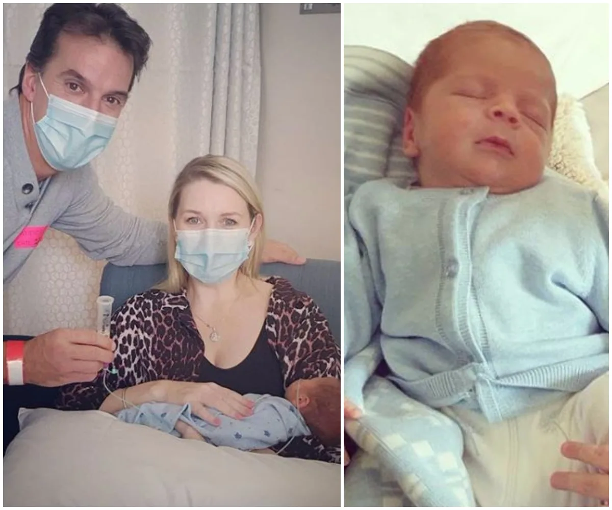 A couple in masks with a newborn in a hospital setting, and a close-up of the sleeping baby.