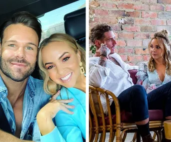 Two images: left shows a man and woman smiling in a car; right shows them sitting on a couch, engaged in conversation.