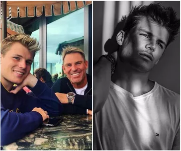 Two images: left shows two smiling men at a cafe table; right is a black-and-white portrait of a young man.