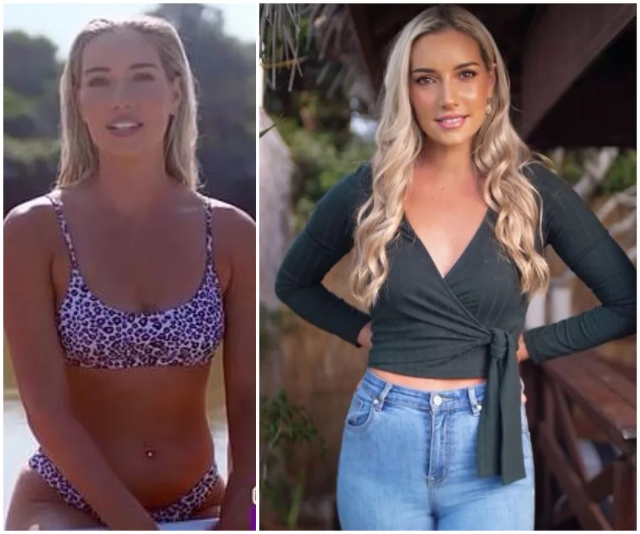 "Two images of a woman; left in a leopard bikini outdoors, right in a green top and jeans posing indoors."