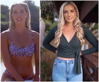 "Two images of a woman; left in a leopard bikini outdoors, right in a green top and jeans posing indoors."