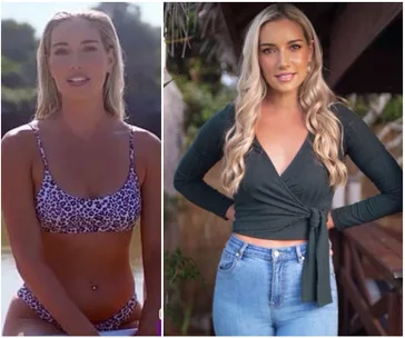 "Two images of a woman; left in a leopard bikini outdoors, right in a green top and jeans posing indoors."