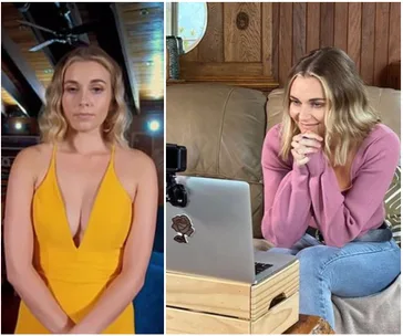 "Two images of a woman, one in a yellow dress and another in casual pink top, during a video chat from home."