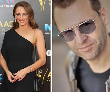 Celebrity in a black dress at an awards event; another person is shown wearing sunglasses and a casual outfit.