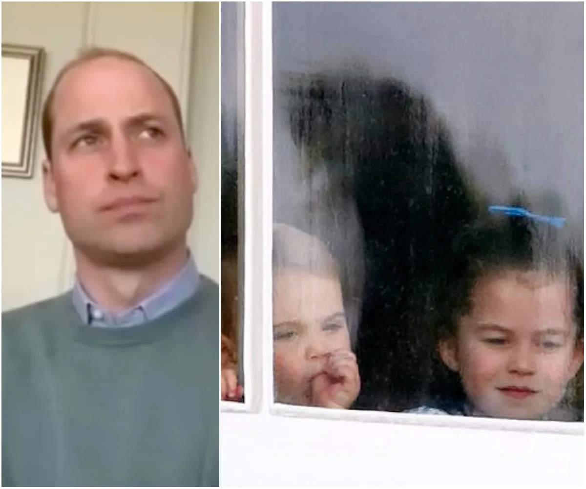"Man in a green sweater looks thoughtful; two children look out a window, one with a blue hair accessory."