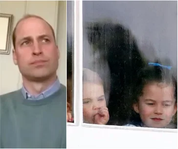 "Man in a green sweater looks thoughtful; two children look out a window, one with a blue hair accessory."