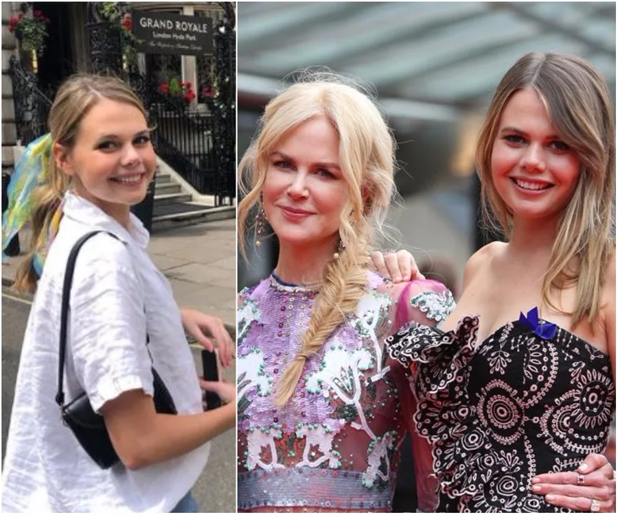 Young woman smiling outside Grand Royale hotel; two women at an event in elegant dresses.