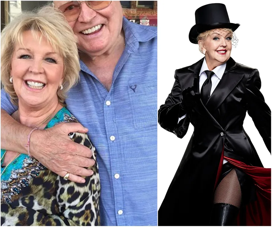 Elderly couple smiling, woman in leopard print; same woman in a top hat and black outfit with stockings.