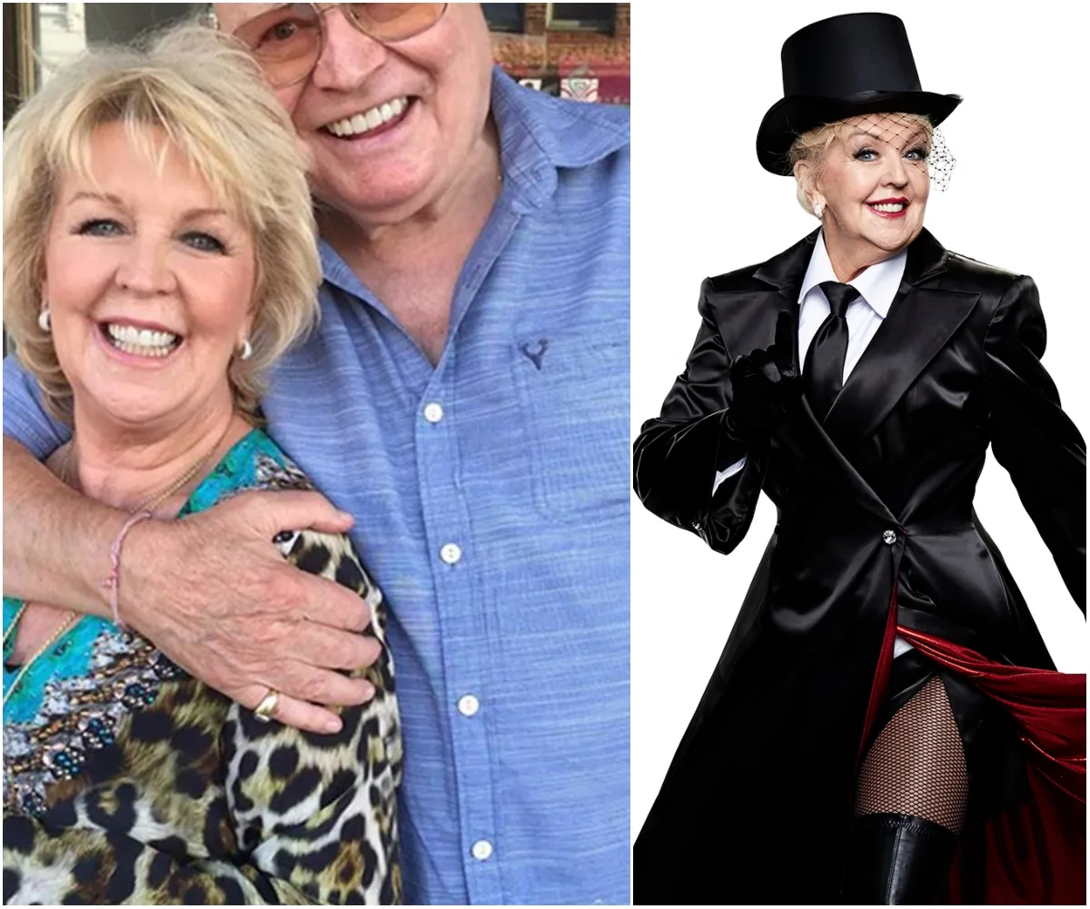 Elderly couple smiling, woman in leopard print; same woman in a top hat and black outfit with stockings.