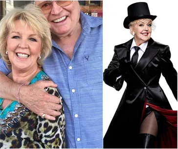 Elderly couple smiling, woman in leopard print; same woman in a top hat and black outfit with stockings.