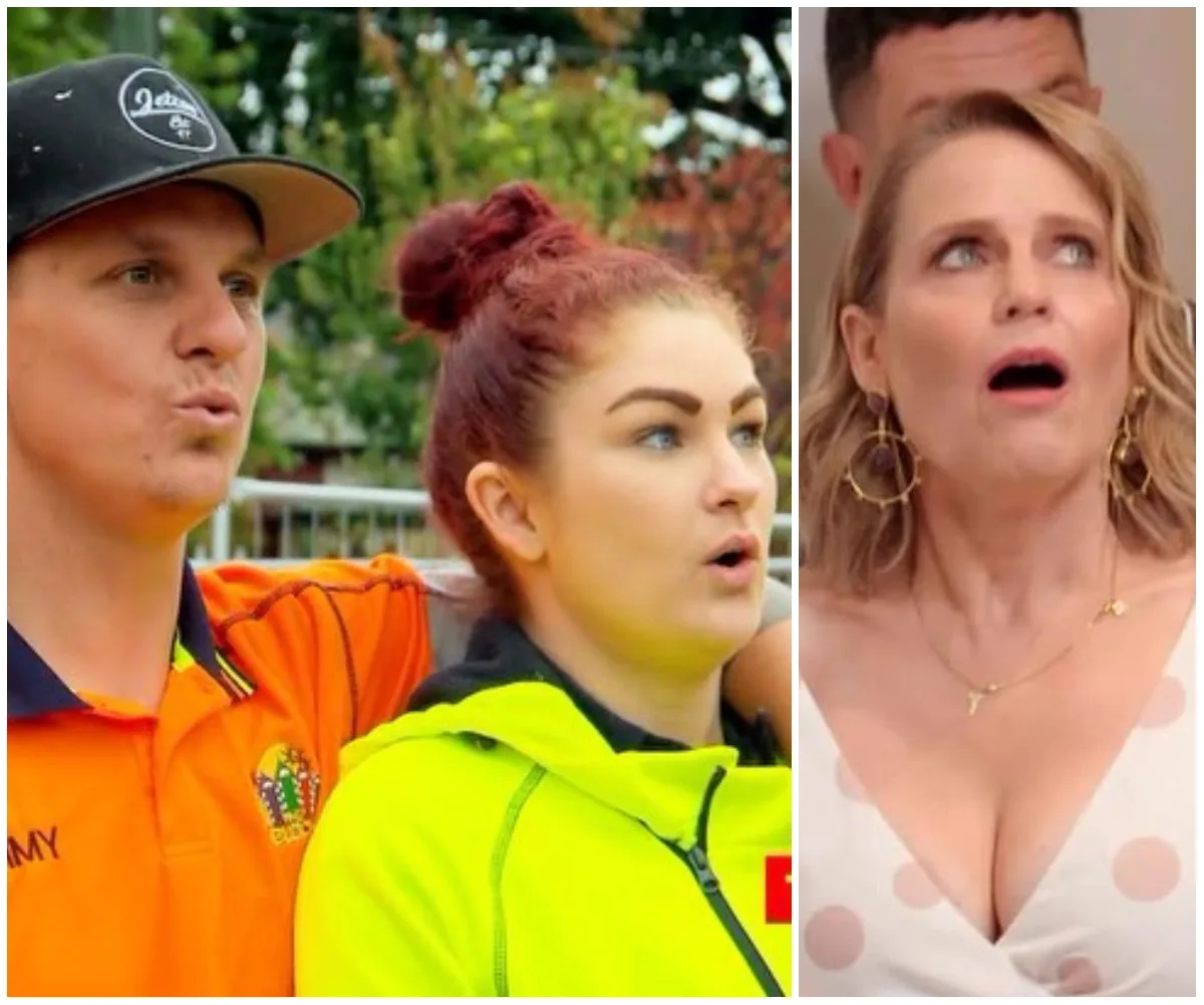 "Surprised individuals in bright clothing reacting, possibly during an auction scene from 'The Block 2020' show."