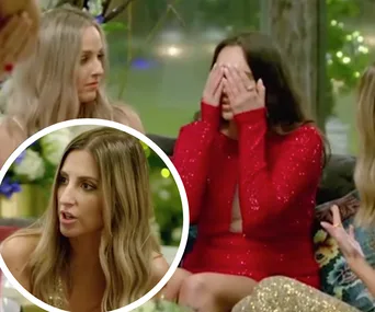 Women from "The Bachelor Australia" in an intense conversation, one covering face, inset shows a woman expressing concern.